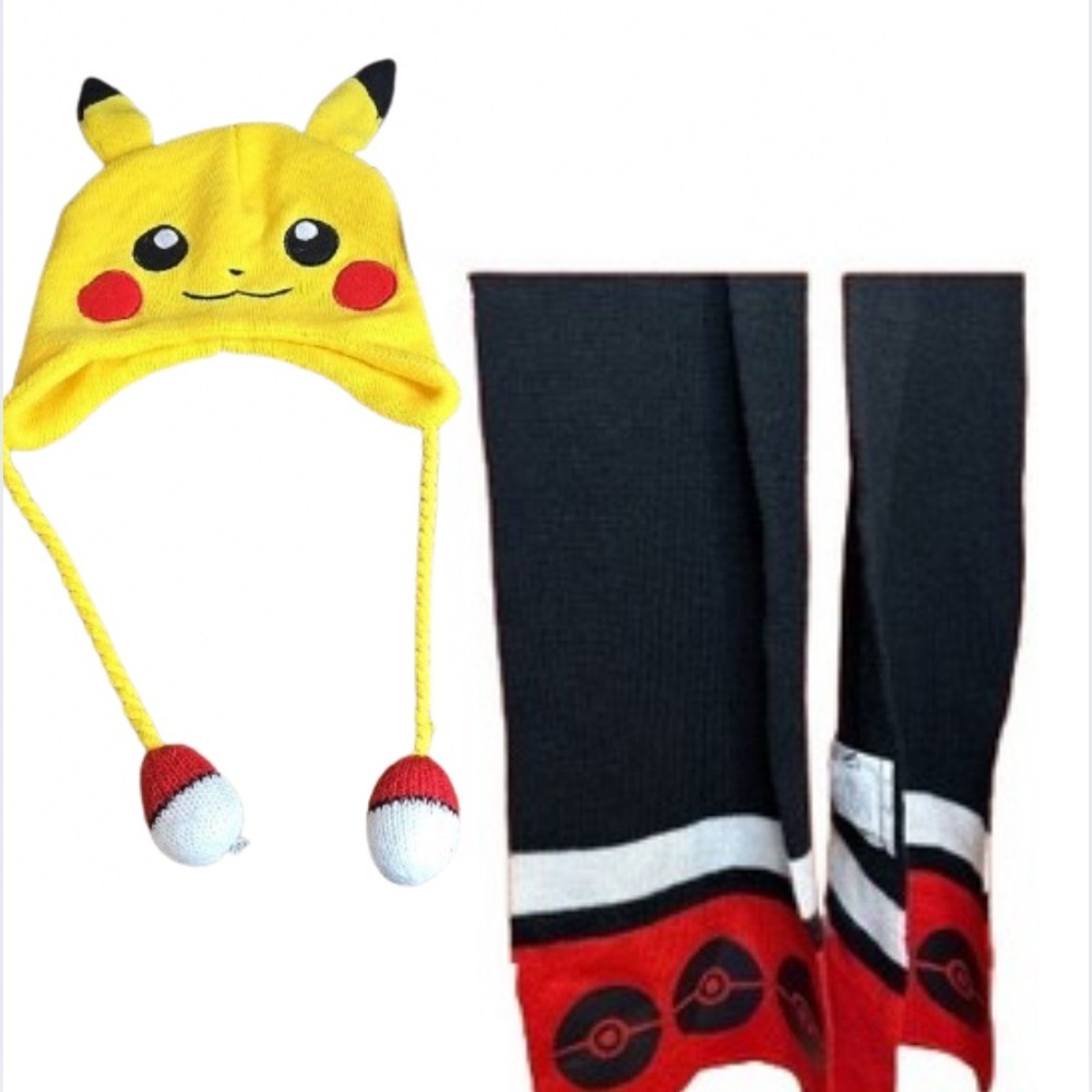 Pikachu Hat and Poké Ball Scarf Set EUC
